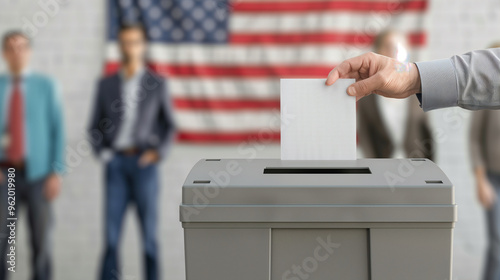 man puts a ballot into a ballot box, hands close-up. Against the background of people and the US flag. Place for text.