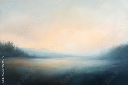 Hazy Morning Landscape with Silhouetted Trees