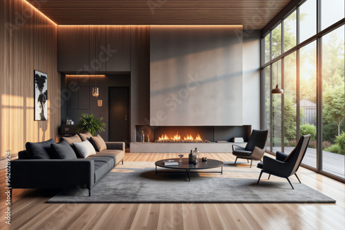 photo of a modern living room with designer interior and furniture, luxury interior architecture design idea