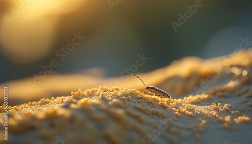 A small insect is crawling quietly on the golden sand dune. The natural environment with a blurred background creates a tranquil atmosphere, showing the subtlety and beauty of nature.