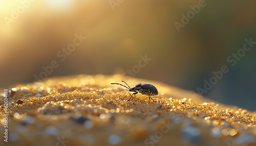 A small insect is crawling quietly on the golden sand dune. The natural environment with a blurred background creates a tranquil atmosphere, showing the subtlety and beauty of nature.