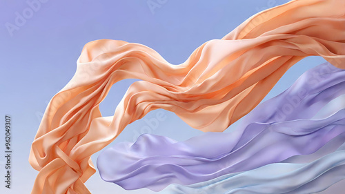 Soft peach-colored fabric floating gracefully against a clear blue sky, creating a sense of elegance and freedom. Ideal for backgrounds, fashion, design, and minimalist concepts.