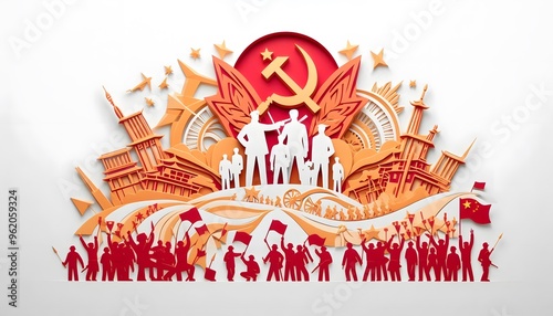 A stylized paper-cut scene representing the unity of workers, farmers, and soldiers during the 1949 proclamation, symbolizing the National Day of the People's Republic of China on October 1st.