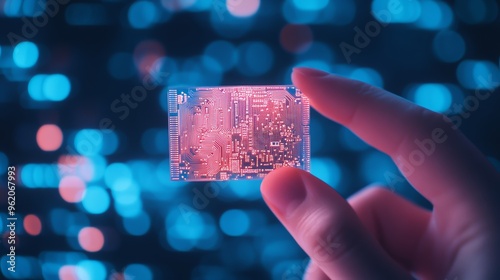 Hands holding a glowing futuristic microchip with a digital background. Advanced technology and IoT innovation.