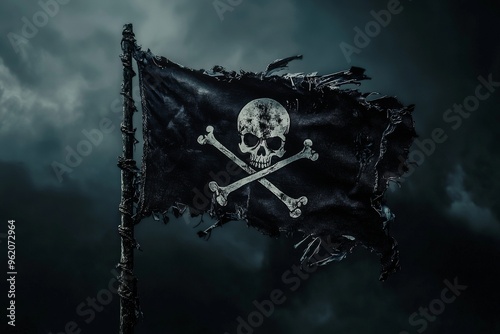 a pirate flag flutters against a dark sky