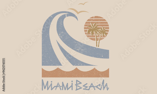 Beach wave artwork. Summer vector graphic design for apparel, stickers, posters, background and others. Surfing club vector design. Miami beach paradise artwork.