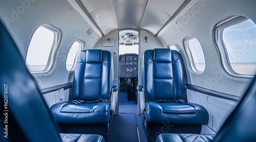 interior of a small aircraft with two blue leather seats and an airplane control panel on the right side, with windows on both sides. Generative AI