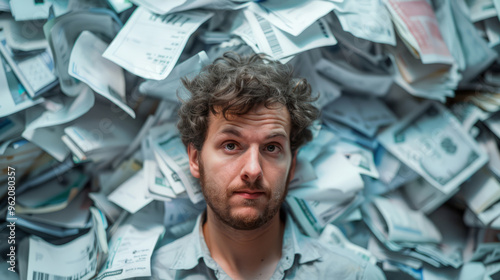 Man overwhelmed by paperwork, buried in a stack of documents. frustration, stress, deadlines. business, office, chaos. conceptual photo.