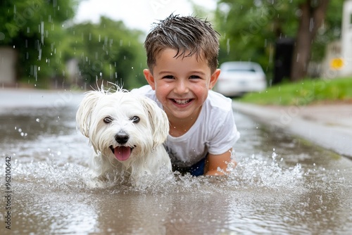 Children and pet, splashing in puddles, carefree play enjoying the simple pleasures of a rainy day, making joyful messes