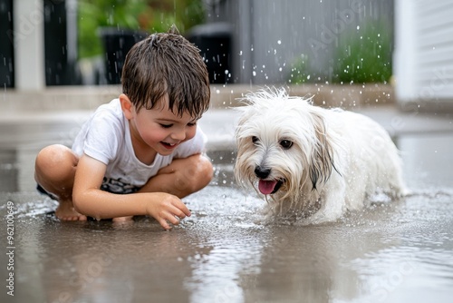 Children and pet, splashing in puddles, carefree play enjoying the simple pleasures of a rainy day, making joyful messes