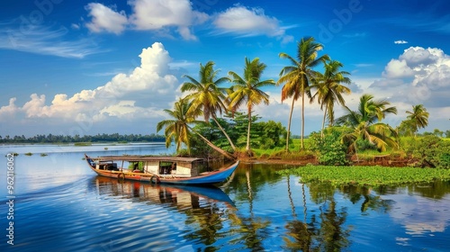 A Tranquil Boat Ride Through Lush Palm Trees and Calm Waters, Kerala Backwaters, Palm Trees, Water Reflection, Boat