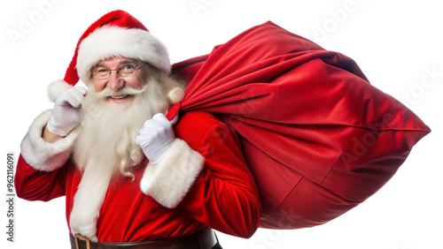 Santa Claus smiling with a large red sack of gifts, cut out transparent