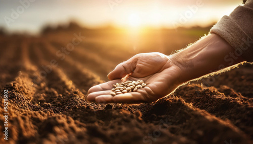 A farmer's hand sows seeds in a plowed field. Concept of new technology in agriculture 