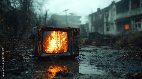 A vintage television set sits in a destroyed cityscape, flames burning inside the screen, reflecting the destruction around it.