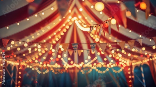 vibrant circus tent with red and white stripes festooned with colorful pennants and twinkling lights playful carnival elements frame whimsical scene creating sense of wonder and excitement