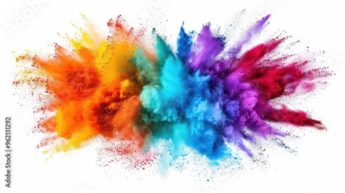 vibrant explosion of multicolored powder against pristine white backdrop creating dynamic splashes and swirls of vivid hues in midair evoking joyous holi celebrations