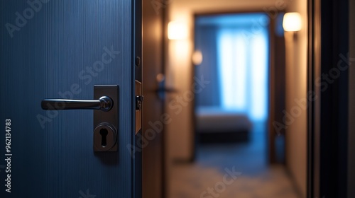 The door opens up to a room with a blurred background, revealing a door lock on the front of the room. 