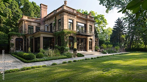 Elegant mansion with classic architectural style and lush landscaping