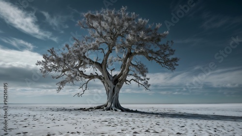 A Tree with dry braches in middle of a Deserted Land with a Blue Sky.