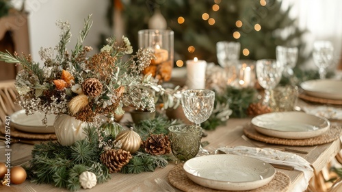 Eco-friendly Christmas table setting with a rustic theme featuring dried flower centerpieces, muted earth tones, and upcycled materials in a cozy indoor space