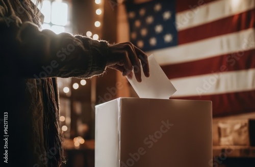 A person casts their vote into a ballot box in a polling place, illuminated by warm light, with an American flag behind them.