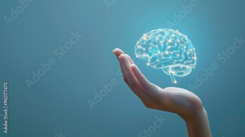 A glowing brain floating above an open palm, suggesting the concept of human intelligence and thought.