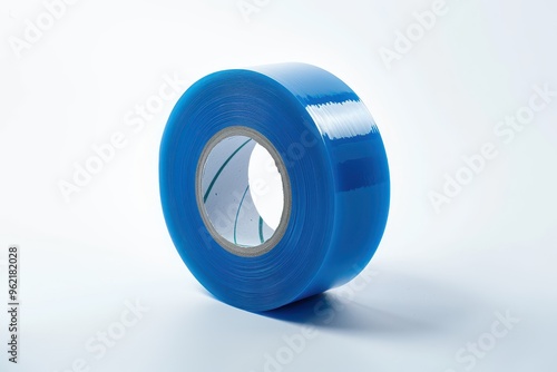 Blue polyester tape on white background strong plastic tape on light background taped material in roll