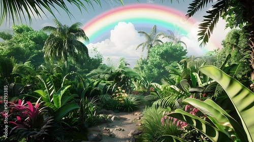 Rainbow arching over a lush botanical garden with vibrant greenery and diverse plant life, captured with detailed realism and natural lighting