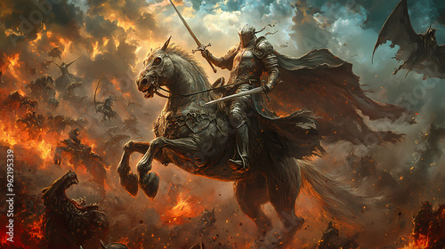 A knight in shining armor, mounted on a noble steed, charging into battle against a horde of fearsome creatures. Knight. Illustration