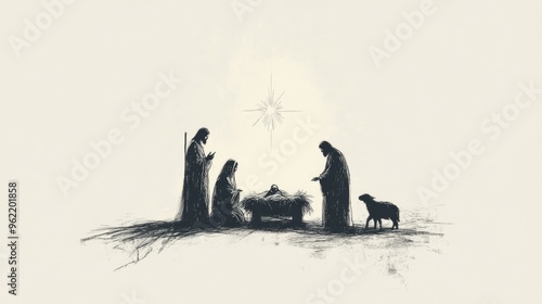 The Nativity. Mary and Joseph watch over baby Jesus in a barn, with shepherds nearby. Black and white digital illustration.