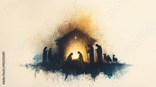 The Nativity. Silhouette of the Holy Family in the stable during the starry night. Digital illustration.