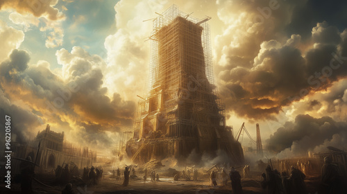 Workers Constructing the Tower of Babel in a Grand Ancient Setting