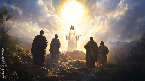 Jesus' Radiant Transfiguration With Disciples on a Mountain