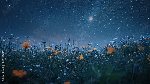  A field of wildflowers under a starry night sky with a shining star at its center