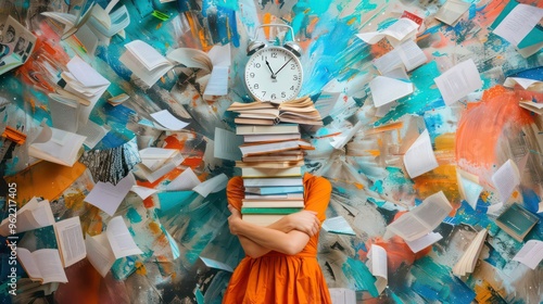 A woman stands with a stack of books over her head, surrounded by flying pages and an alarm clock. The image symbolizes the pressure of deadlines and the overwhelming nature of knowledge.