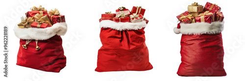 set of A Santa Claus bag filled with presents on a transparent background