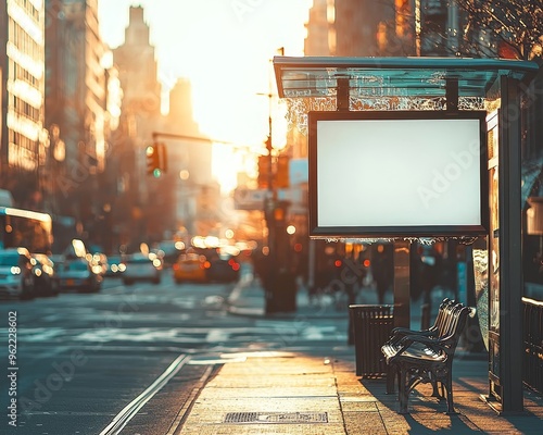 Golden Hour Cityscape Blurred Urban Streetscape with Empty Billboard and Bench in Foreground 149 characters