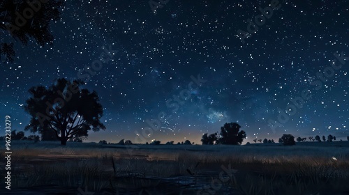 A vast, star-filled night sky over a field with trees silhouetted against the horizon. The Milky Way stretches across the sky, illuminating the landscape with a soft, ethereal glow.