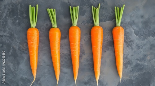 5 whole fresh orange carrots on gray stone.