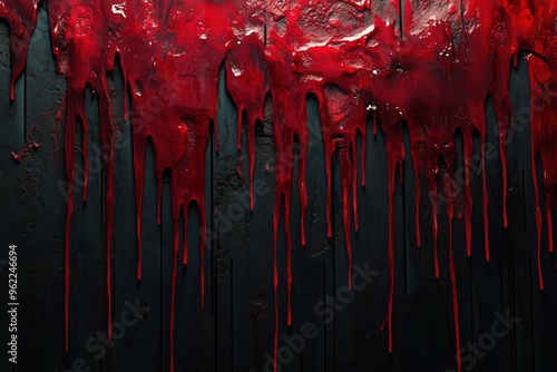 Thick blood dripping down a dark wall creating a creepy halloween background texture