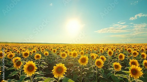  A vast sunflower meadow stretches beneath a vibrant blue sky, dotted with sporadic clouds above