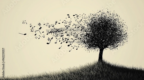 The image shows a solitary tree on a hill, with musical notes being carried away by the wind, symbolizing the ephemeral nature of music and the passage of time.