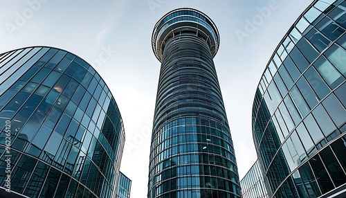 A tall tower of a modern building with a round body and a glass curtain wall around it, showing the architectural style and design concept of a modern city.