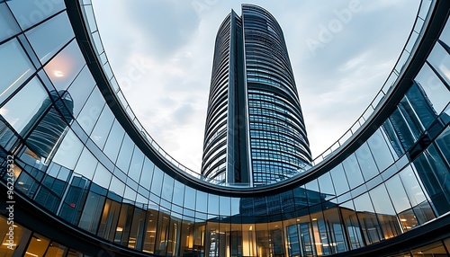 A tall tower of a modern building with a round body and a glass curtain wall around it, showing the architectural style and design concept of a modern city.