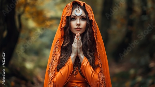 Art photo. Fantasy woman priestess pagan witch, moon sign on forehead. Lady elf in autumn forest. Dark trees background. Girl princess in orange silk dress, hood on head