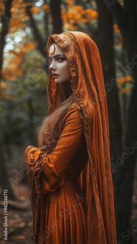 Art photo. Fantasy woman priestess pagan witch, moon sign on forehead. Lady elf in autumn forest. Dark trees background. Girl princess in orange silk dress, hood on head