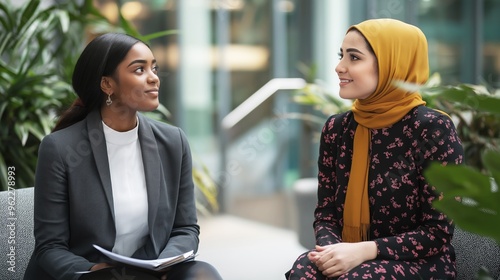 Two professional businesswomen engage in a lively discussion while sitting in a modern office environment, showcasing teamwork.