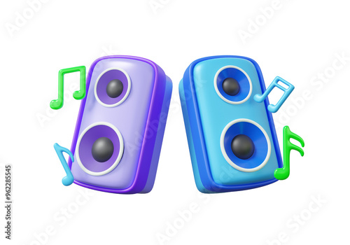 Music speaker with notes melody musical colorful loudspeaker technology studio, concert, music entertainment, radio, plastic cartoon style cute smooth, element. 3d render illustration