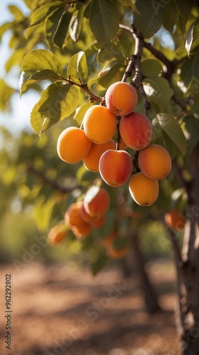 Ripe apricots hanging on branches in a sunlit orchard.