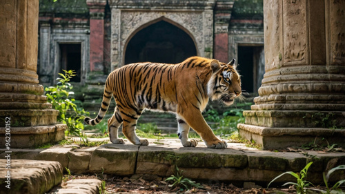 Majestic Bengal Tiger in Ancient Ruins: A majestic Bengal tiger strides confidently through the ruins of an ancient temple, its stripes blending seamlessly with the weathered stonework. A captivating